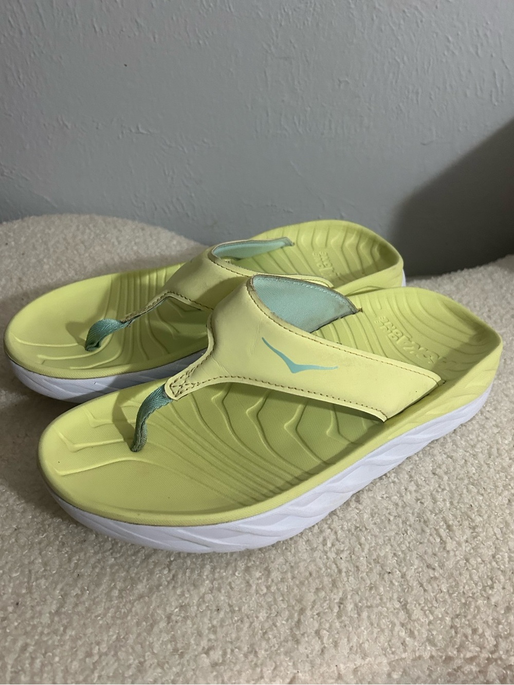 Hoka Women's Sandals in Pale Yellow with Aqua Accents